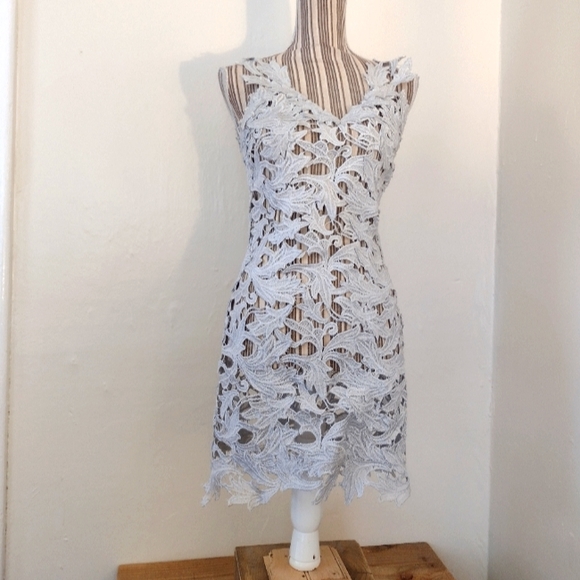 M & GUIA Brazil Silver Embroidered Floral Vine Lace Mini Dress Fits Size S - Picture 1 of 14